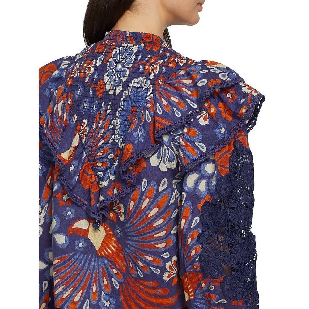 Farm Rio Pineapple Flowers Navy Ruffled Blouse Size XS - Picture 11 of 16